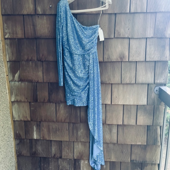 Xtraordinary One Shoulder Sequin Wrap Drape Mini Dress Blue Size 5 - Picture 5 of 16